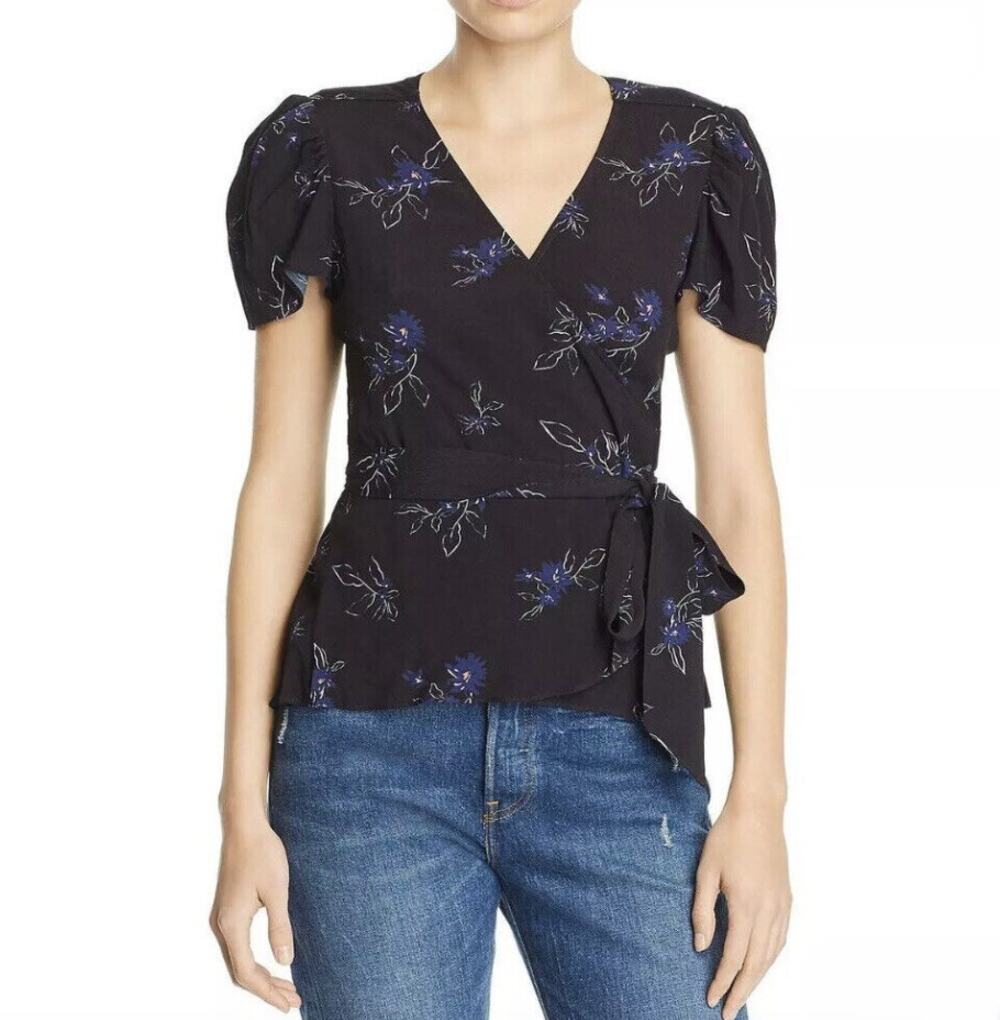 PARKER Black Blue Floral Print Short Puff Sleeve Tie Waist Wrap Blouse M Medium